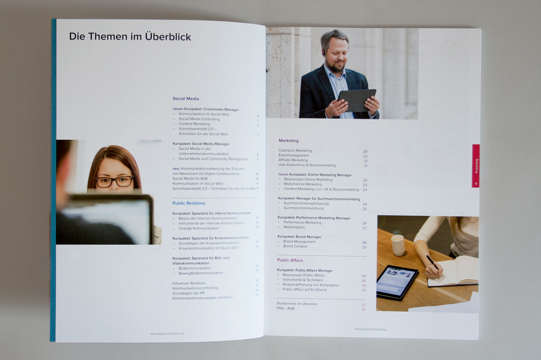 Doppelseite Inhaltsverzeichnis E-Learning des Gesamtprogramms der Deutschen Presseakademie